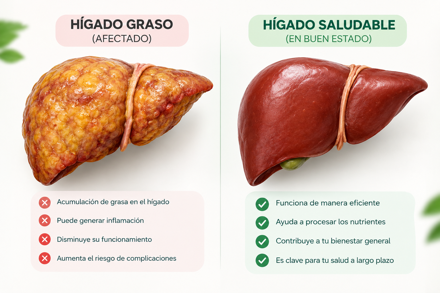 Comparación entre hígado graso (afectado) e hígado saludable (en buen estado)