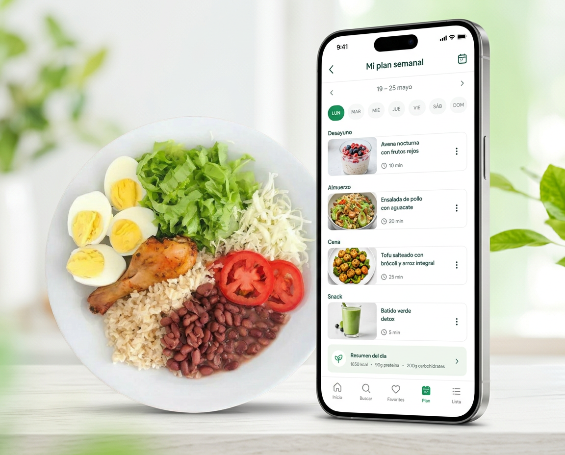 Celular con la App Hígado Feliz junto a un plato de comida saludable